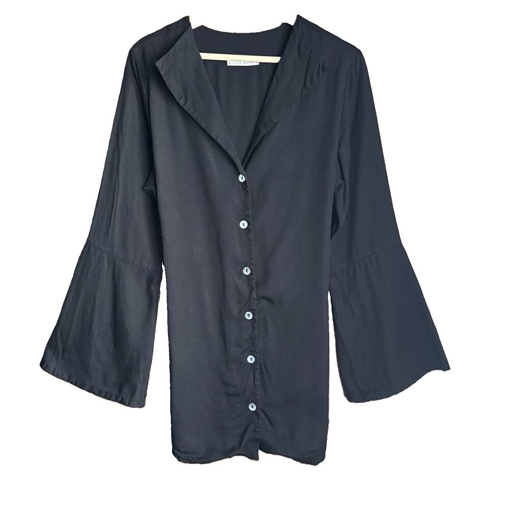 Bryn Walker 100% Tencel Bell Sleeve Button Front Tunic Shirt Black L Lagenlook